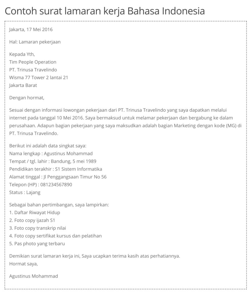 contoh cover letter magang bahasa indonesia