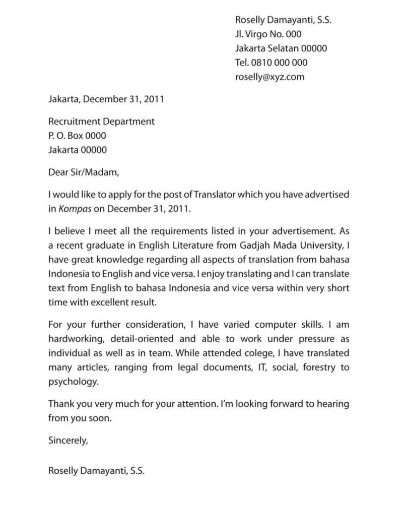 Contoh Cover Letter Bahasa Inggris Word